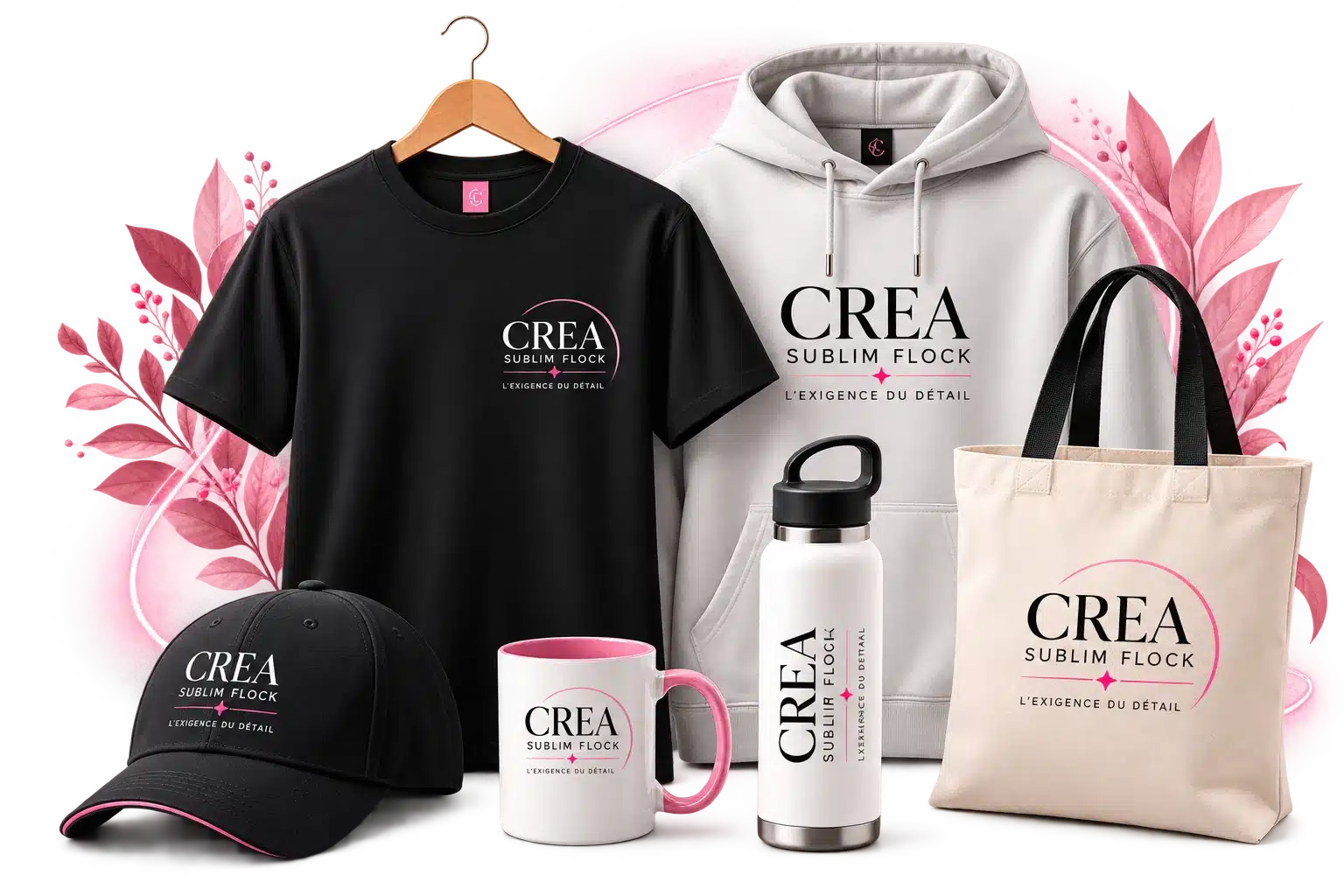 Textiles et accessoires CREA SUBLIM FLOCK avec t-shirt, sweat, casquette, mug, gourde et tote bag