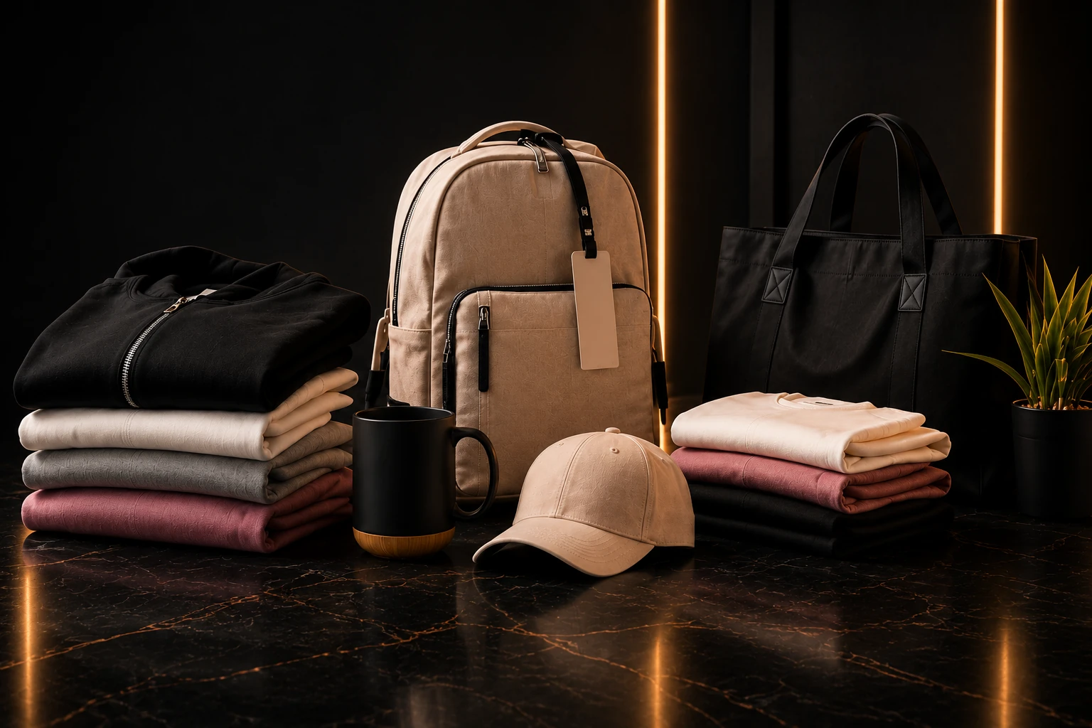 Textiles et accessoires premium dans un univers sombre élégant