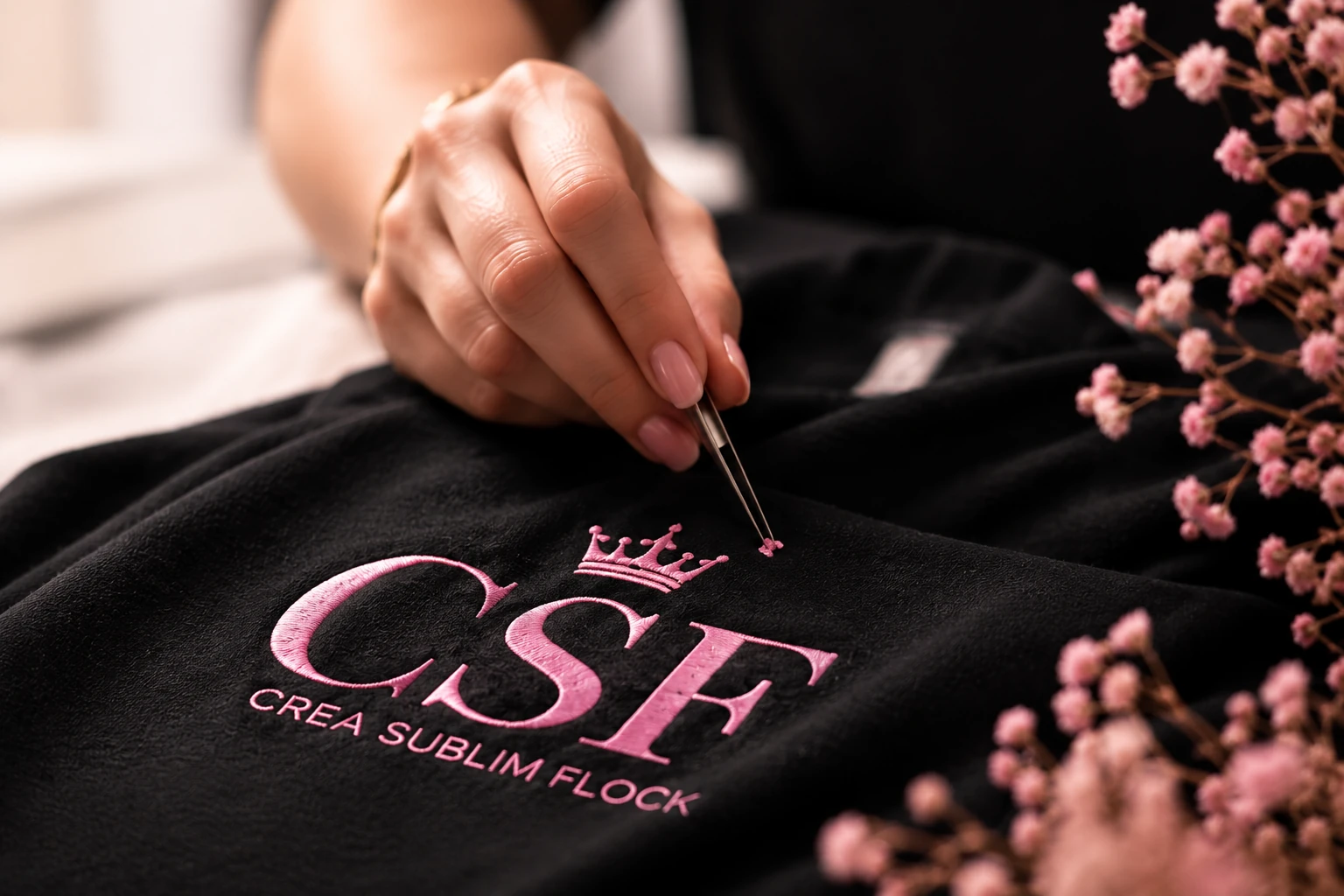 Travail de précision en personnalisation textile chez CREA SUBLIM FLOCK