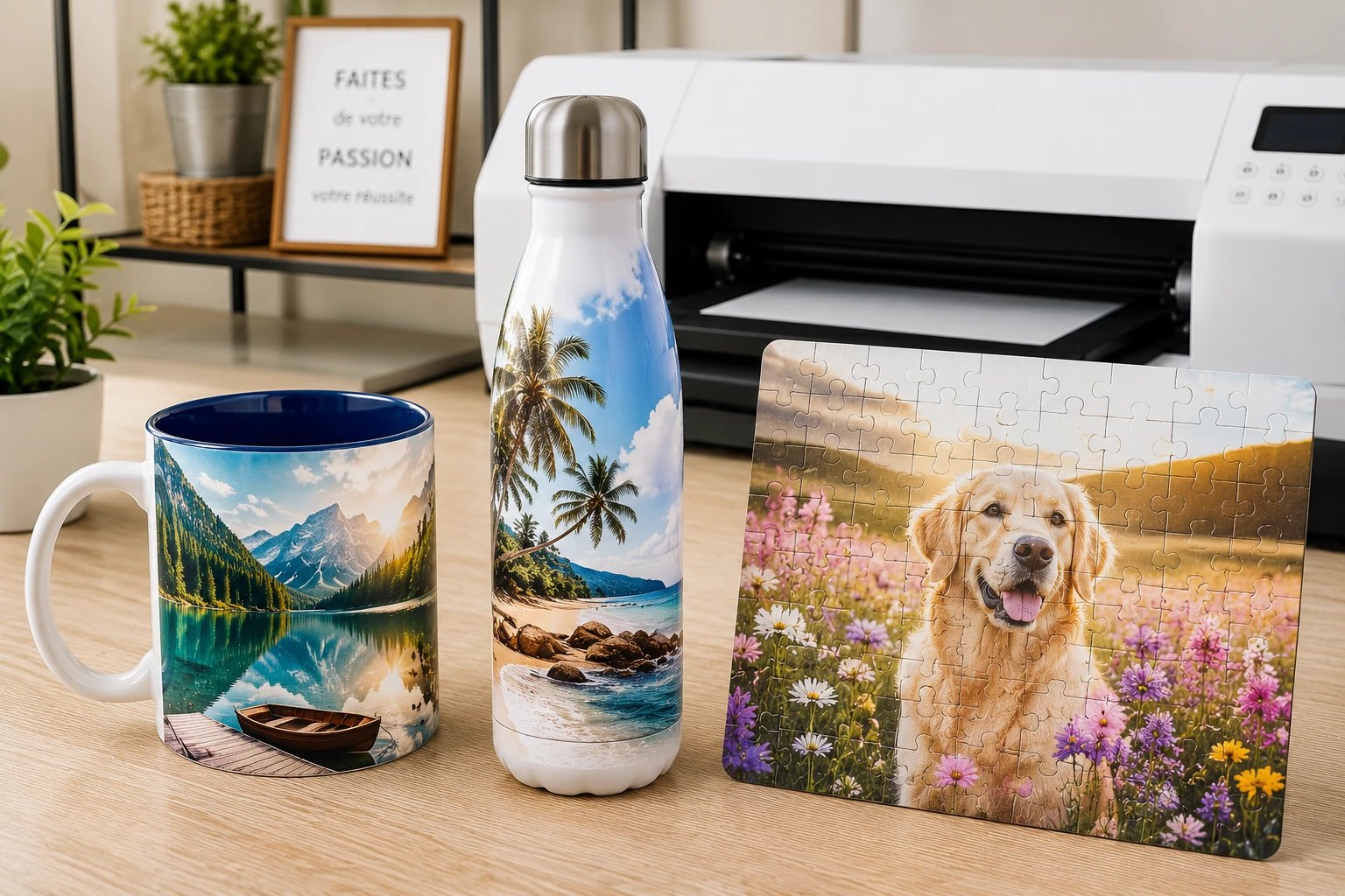 Personnalisation par sublimation de mug gourde et puzzle