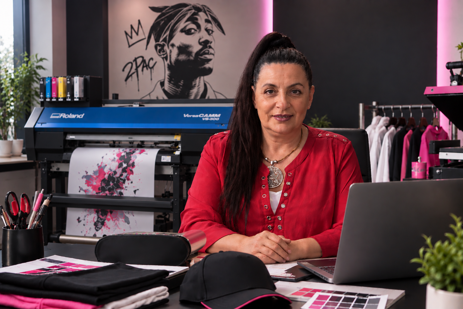 Patricia, fondatrice de CREA SUBLIM FLOCK dans son atelier textile à Narbonne